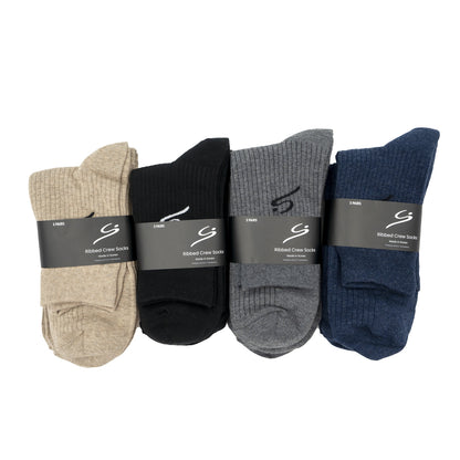 STORYi Men's Ribbed Crew Socks (3 Pairs) - (Size: 10-13) (HO028547L) (BEIGE)