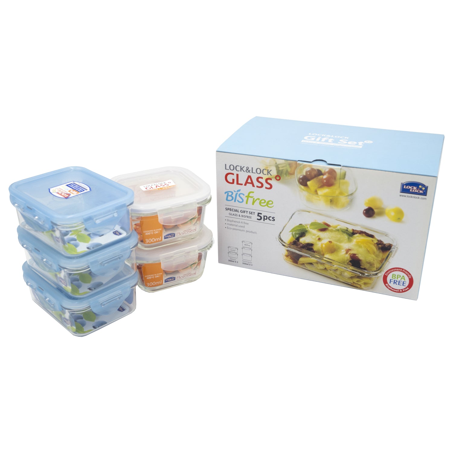 Glass & Bisfree Food Storage 5-Piece Gift Set – BPA-Free Airtight Containers