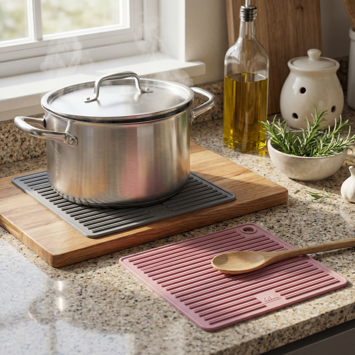 CLEAR Silicone Trivet Pot Mat Square Grey/Pink