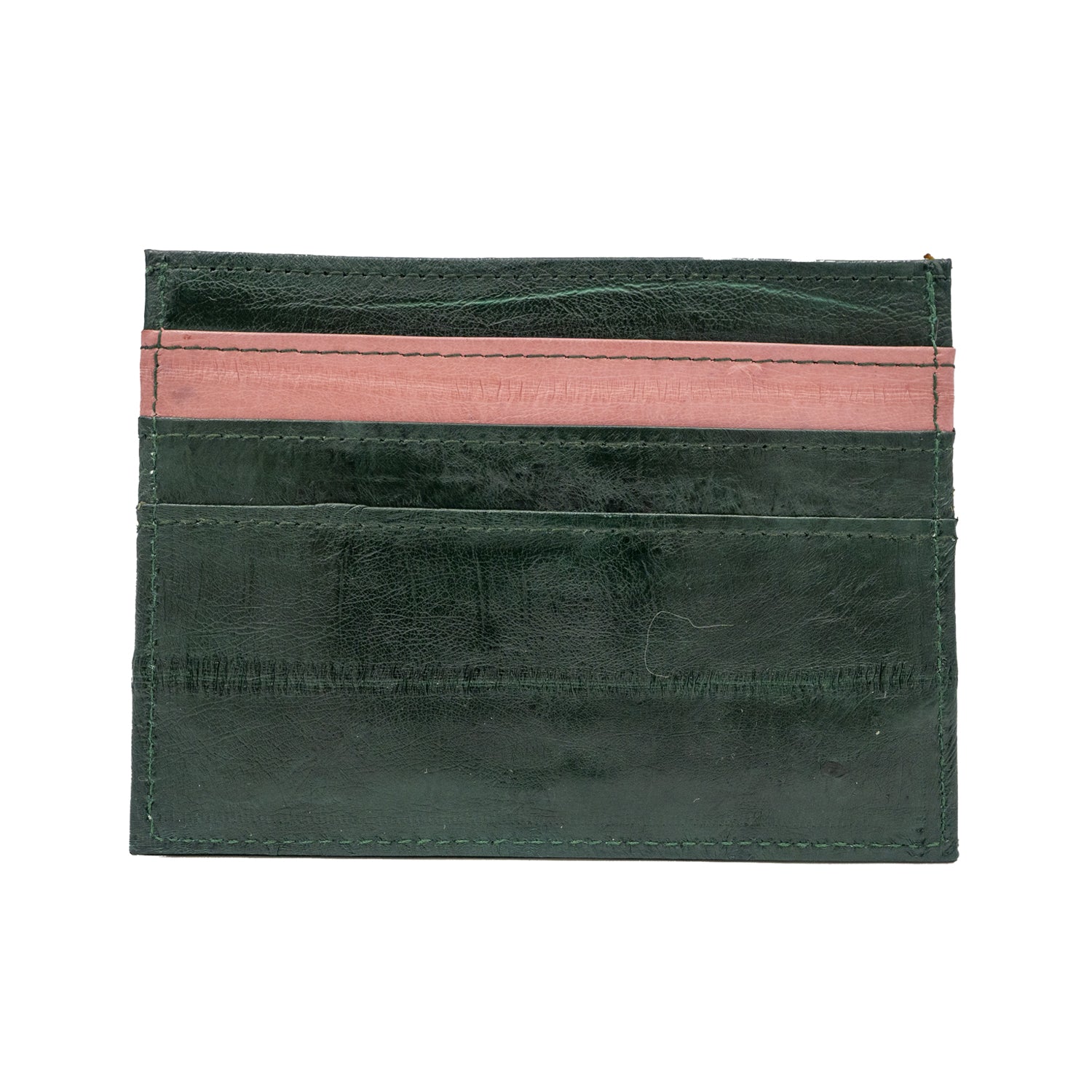 KEY&CO Genuine Eel Skin Slim Card Holder – Green with Pink/Teal Trim
