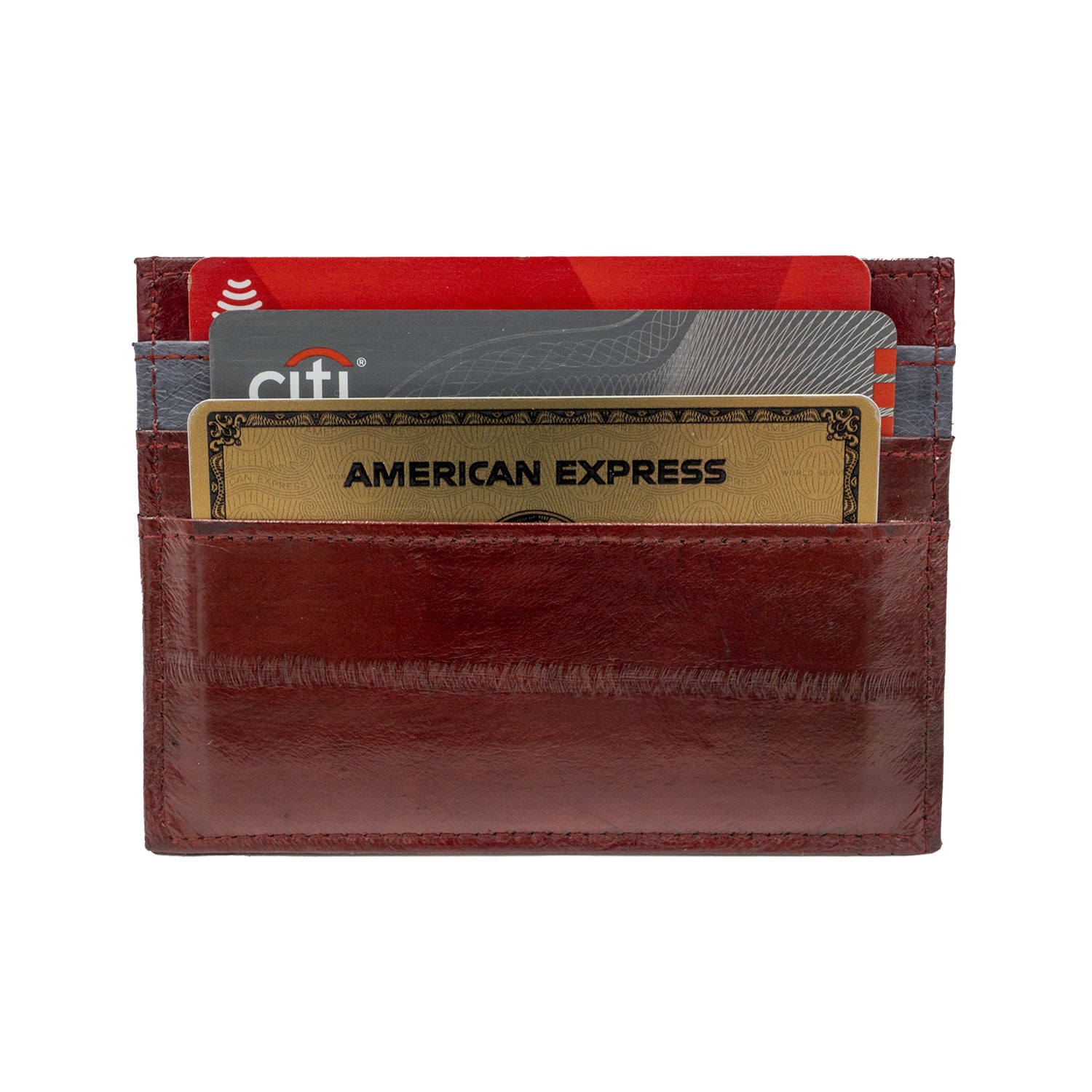 KEY&CO Genuine Eel Skin Slim Card Holder – Burgundy with Grey/Red Trim