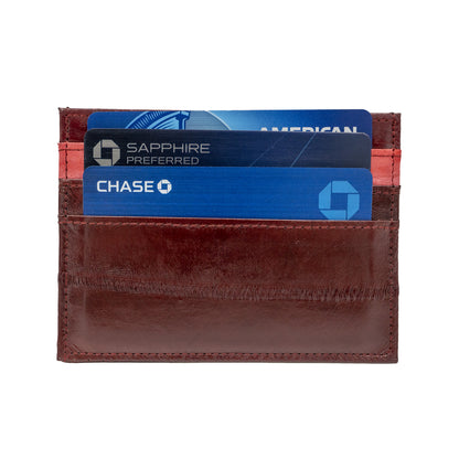 KEY&CO Genuine Eel Skin Slim Card Holder – Burgundy with Grey/Red Trim