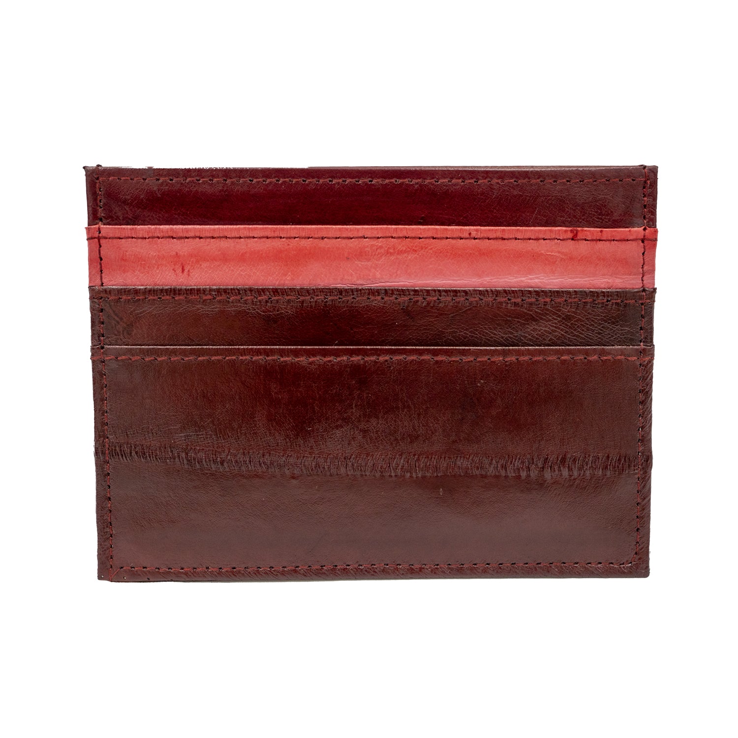 KEY&CO Genuine Eel Skin Slim Card Holder – Burgundy with Grey/Red Trim