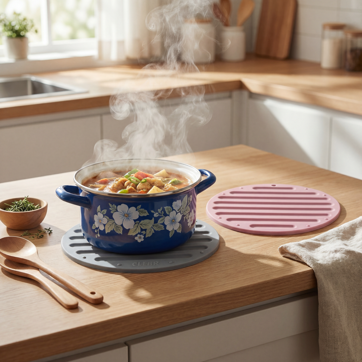 CLEAR Silicone Trivet Pot Mat Round Grey/Pink