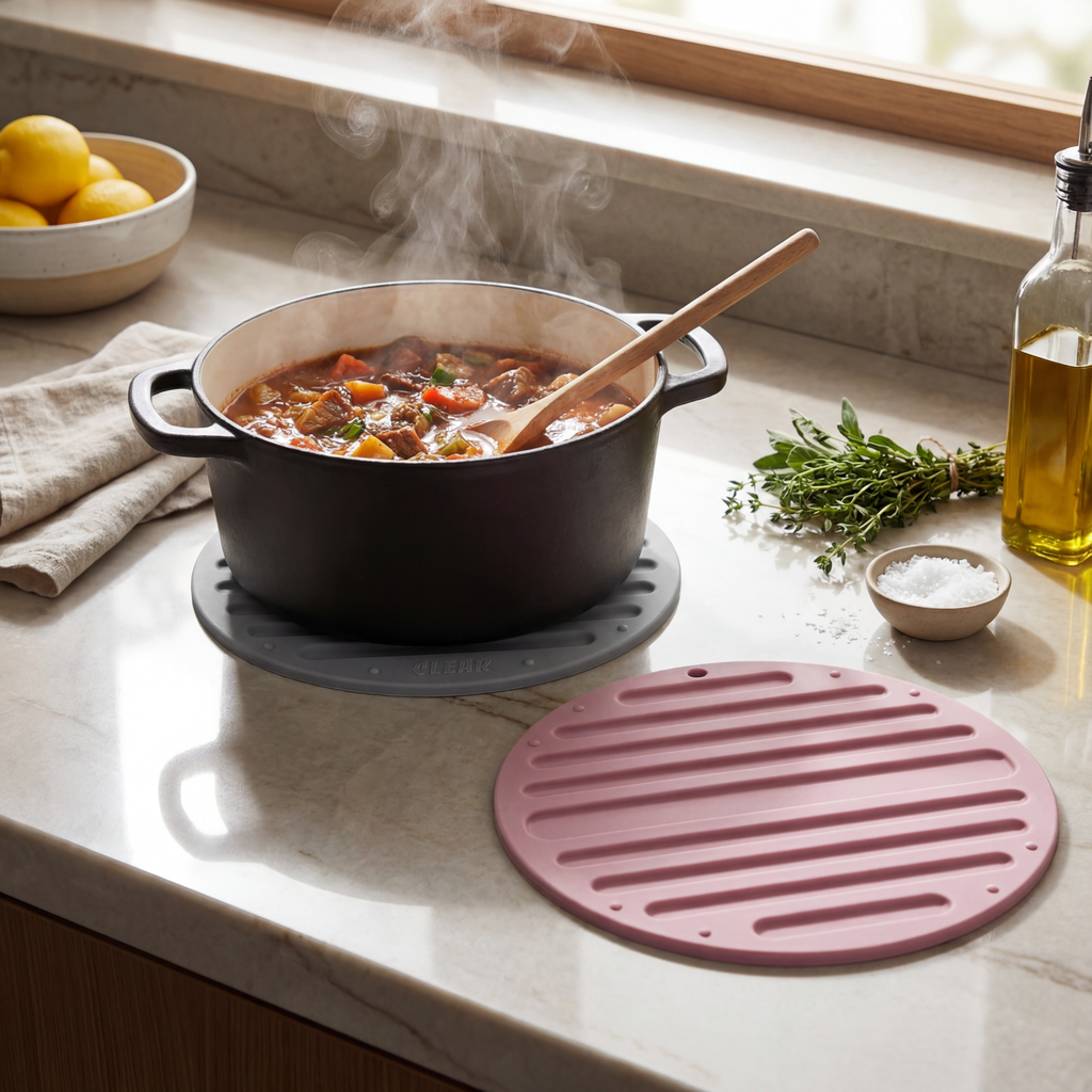 CLEAR Silicone Trivet Pot Mat Round Grey/Pink (KT000622)
